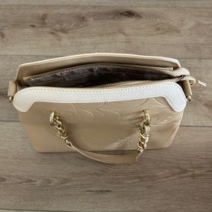 Tan purse, gold, cream, flowers